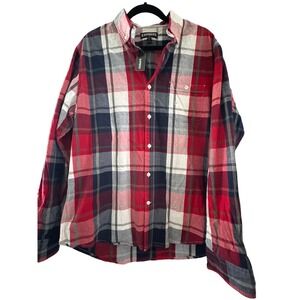 Express Mens Long Sleeve Plaid Button Down Shirt Red Navy Blue White Large NEW